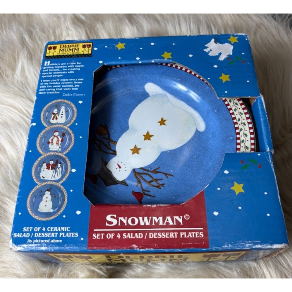 Debbie Mumm Sakura Snowman Plates Set of 4 8in Winter Christmas‎ NIB Decor